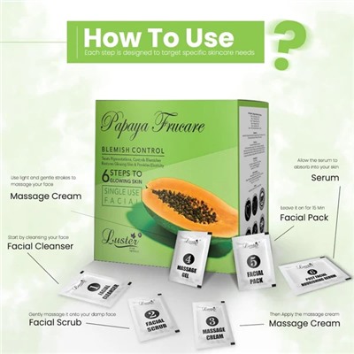 PAPAYA FRUCARE Blemish Control Facial Kit, Luster (ПАПАЙЯ ФРУКЕА набор для ухода за лицом против пятен, Ластер), 1 уп. (40 мл.)