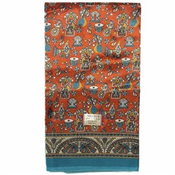 Сари ISHITA HOUSE, Malamal Silk, с печатным принтом МУЗЫКА УРОЖАЯ, цвет ОРАНЖЕВЫЙ С ГОЛУБОЙ КАЙМОЙ (Size: Onesize, с отрезом для блузы), 1 шт.