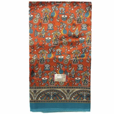 Сари ISHITA HOUSE, Malamal Silk, с печатным принтом МУЗЫКА УРОЖАЯ, цвет ОРАНЖЕВЫЙ С ГОЛУБОЙ КАЙМОЙ (Size: Onesize, с отрезом для блузы), 1 шт.
