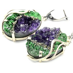 Кольцо и серьги из аметиста, уваровита и пирита, размер-17,5