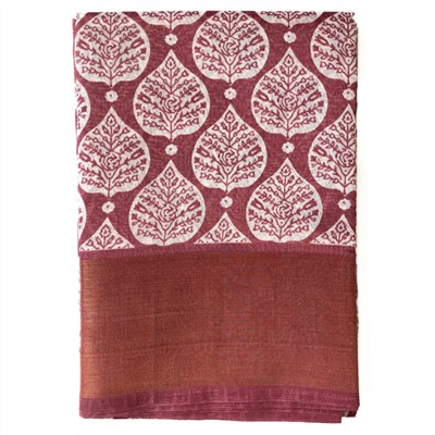 Сари ISHITA HOUSE, Golden Patta, с печатным принтом ЛИСТЬЯ, цвет БОРДОВЫЙ (Size: Onesize, с отрезом для блузы), 1 шт.