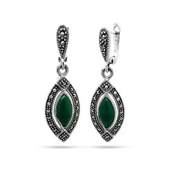 Серьги из серебра зеленый агат, марказит, SL-AGA38