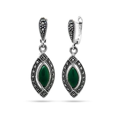 Серьги из серебра зеленый агат, марказит, SL-AGA38