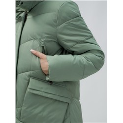 Пальто утепленное стеганное зимнее с капюшоном женское зеленого цвета 9639Z