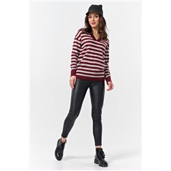 Пуловер вязаный теплый в полоску винный