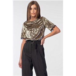 Блузка бархатная прямая с коротким рукавом серо-зеленая