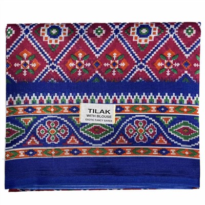 Сари TILAK с печатным принтом ЭТНИКА, цвет СИНЕ-РОЗОВЫЙ (Size: Onesize, с отрезом для блузы), РАЗНЫЙ ДИЗАЙН, 1 шт.