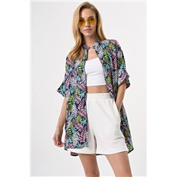 Рубашка летняя с коротким рукавом из хлопка с принтом на синем