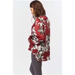 Блузка прямая с широким рукавом с цветочным принтом на бордовом