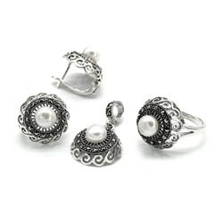 Кольцо Серьги и Кулон С925 с жемчугом и марказитами, размер 17, 15,1г