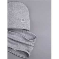 Шапка трикотажная детская с отворотом, кашкорсе, формы лопата, нашивка NOW +снуд, серый меланж