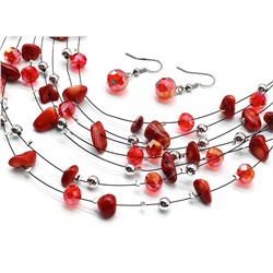 Колье, Серьги 7нитей из коралла и циркона, 45см