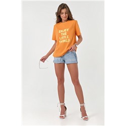 Футболка базовая трикотажная оверсайз из хлопка в полоску оранжевая