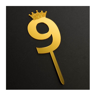 Топпер "Цифра 9" с короной золото 6*10,5 см