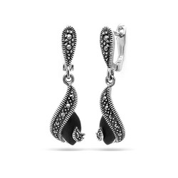 Серьги из серебра марказит, оникс, SL-AGA32