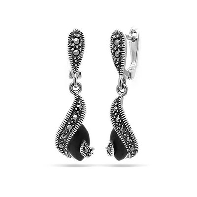 Серьги из серебра марказит, оникс, SL-AGA32