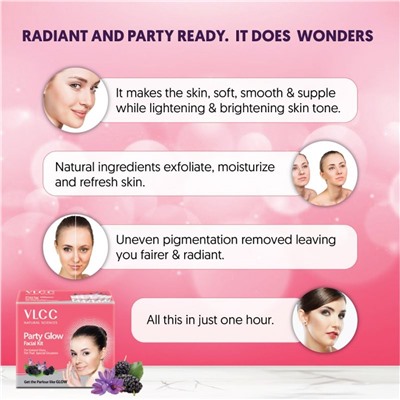 PARTY GLOW FACIAL KIT For Instant Glow & Even Skin Tone, VLCC (СИЯНИЕ ДЛЯ ВЕЧЕРИНКИ набор - Мгновенное сияние и Ровный тон кожи), 60 г. (6x10 г.)