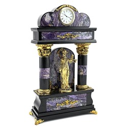 Часы каминные из чароита и долерита с литьем из бронзы Фемида. 215*85*350мм, 4510гр.