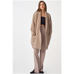 Кардиган вязаный оверсайз удлиненный с карманами бежевый меланж