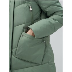 Пальто утепленное стеганное зимнее с капюшоном женское зеленого цвета 9639Z