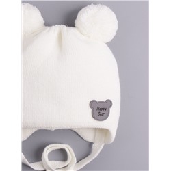 Шапка вязаная детская с двумя бубонами, на завязках, нашивка HAPPY BEAR, молочный