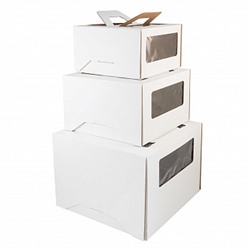 Коробкадля торта белая 24*24*15 см, с ручками (окна)
