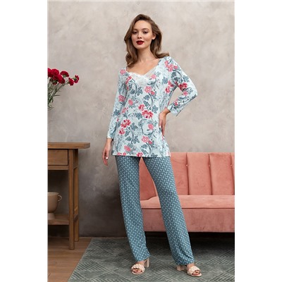 Комплект жен: фуфайка(футболка) д/рук, брюки Mia Cara SS23WJ333 Blueberry Night (Аква/пионы)