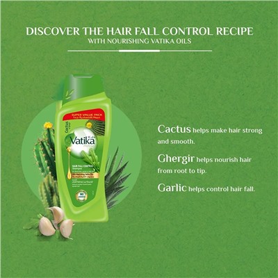 Vatika CACTUS AND GERGIR Hair Fall Control Shampoo, Dabur (Ватика КАКТУС И РУККОЛА Шампунь КОНТРОЛЬ ВЫПАДЕНИЯ для ломких, выпадающих и ослабленных волос, Дабур), 700 мл.