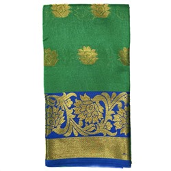 Сари однотонное ЗЕЛЕНОЕ, с каймой СИНЕГО цвета и Золотистой вышивкой (Size: Onesize, с отрезом для блузы), 1 шт.