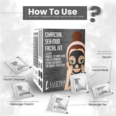 CHARCOAL SEA MUD Facial Kit, Luster (ДРЕВЕСНЫЙ УГОЛЬ И МОРСКАЯ ГРЯЗЬ набор для ухода за лицом, Ластер), 1 уп. (45 г.)