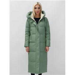 Пальто утепленное стеганное зимнее с капюшоном женское зеленого цвета 9625Z