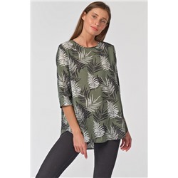 Блузка удлиненная свободная с принтом на зеленом