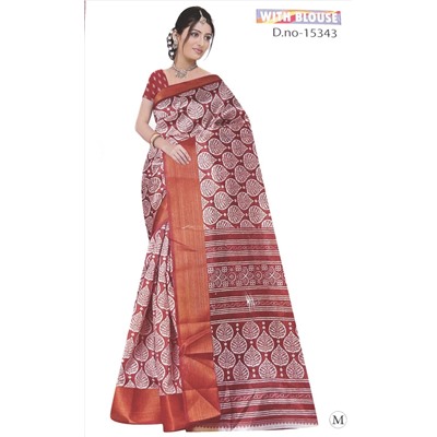 Сари ISHITA HOUSE, Golden Patta, с печатным принтом ЛИСТЬЯ, цвет БОРДОВЫЙ (Size: Onesize, с отрезом для блузы), 1 шт.