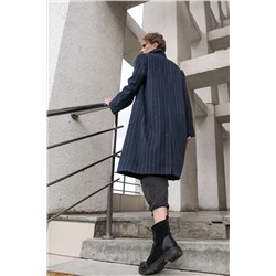 Пальто двубортное прямое шерстяное в полоску синее