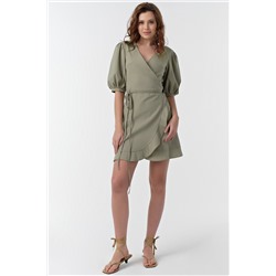 Платье летнее мини с запахом из хлопка хаки