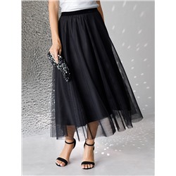 Юбка миди вечерняя на резинке из матового сатина с мягкой сеткой