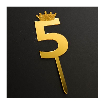 Топпер "Цифра 5" с короной золото 5*10,5 см