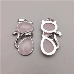 Подвеска КОШКА с камнем РОЗОВЫЙ КВАРЦ - камень Венеры, дарует счастье, любовь и богатство (размер подвески 4,5 см.), 1 шт.