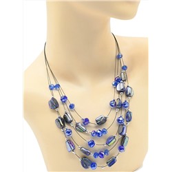 Колье и серьги 5 нитей из перламутра тонированного с цирконом цв.синий, 45см