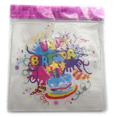 Салфетки бум.  33*33см Happy Birthday Торт+серпантин Белые 10шт. АКЦИЯ! СКИДКА 10%