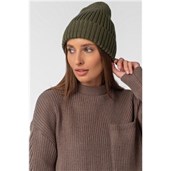 Шапка вязаная бини с отворотом хаки