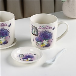 Набор кружек керамических с ложками и подставками «Букет лаванды», 2 предмета: 330 мл, рисунок МИКС