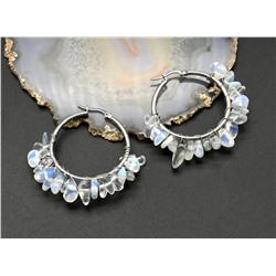 Серьги кольца крупные с крошкой из лунного камня 45*45мм, 16,9г