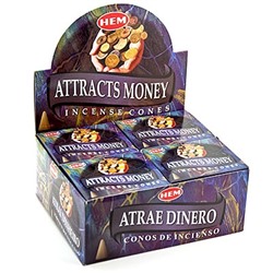 Hem Incense CONES ATTRACTS MONEY (Благовония конусы ПРИВЛЕЧЕНИЕ ДЕНЕГ, Хем), уп. 10 конусов.
