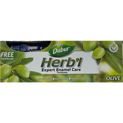 Herb'l OLIVE Expert Enamel Care toothpaste, Dabur (Хербл ОЛИВКА, Экспертный уход за эмалью (зубная щетка в подарок), Дабур), 150 г.