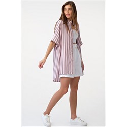 Рубашка летняя оверсайз с коротким рукавом в полоску на розовом