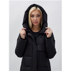 Пальто утепленное стеганное зимнее с капюшоном женское черного цвета 9628Ch
