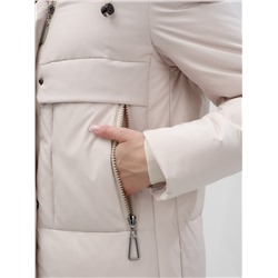 Пальто утепленное стеганное зимнее с капюшоном женское бежевого цвета 9628B