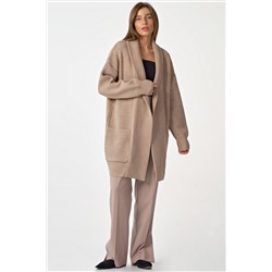 Кардиган вязаный оверсайз удлиненный с карманами бежевый меланж