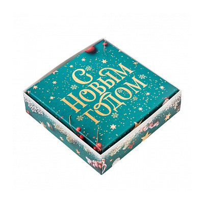Коробка для 4 конфет "С Новым годом" бирюзовый, с окном